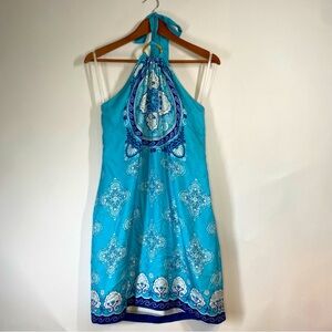 Vineyard Vines Sleeveless Turquoise Halter Sundress with Blue Print